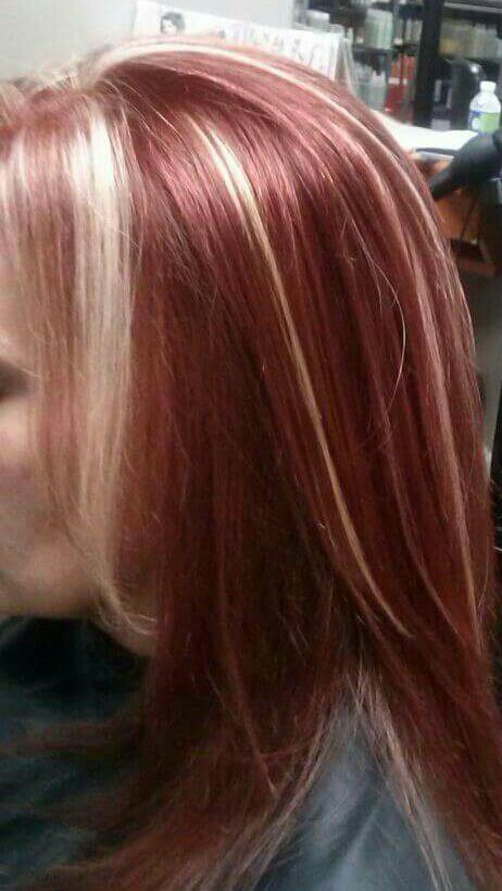 Cherry Red Hair With Blonde Underneath, Natural Hair Dye Colors For Short Hair, Red And Bleached Hair, Red Hair White Streak, Red Hair White Highlights, Red Underdye Hair Blonde, Red Hair With Highlights Blonde, Pink Highlights In Red Hair, Red Hair With Blonde Streaks