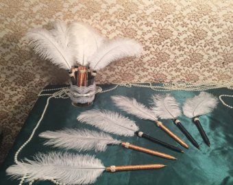 OFFICE Wedding Guest Book Pens PARTY FAVORS by TheENDboutique Gatsby Wedding Favors, Wedding Pen, Bridal Shower Guest Book, Gatsby Theme, Feather Pen, Great Gatsby Wedding, 1920s Wedding, Great Gatsby Party, Unique Wedding Decor