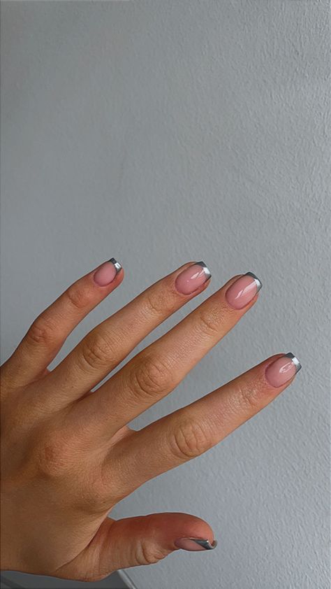 Short Nails Silver French, Short Silver Tip Nails, Short Silver Chrome French Tip Nails, Silver French Nails Square, Silver French Tip Nails Short, Short Acrilyc Nails, Simple Nye Nails, Silver Tips Nails, Different French Tips