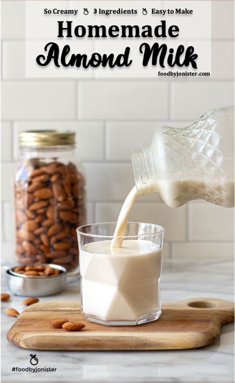 Easy, 3-ingredient homemade almond milk! The best Almond Milk without any additives, emulsifiers, or phosphates! Almond Milk Recipes Homemade, Almond Milk Recipe, Milk Photography, Homemade Nut Milk, Almond Milk Recipes, Dairy Desserts, Milk Packaging, Plant Milk, Homemade Almond Milk