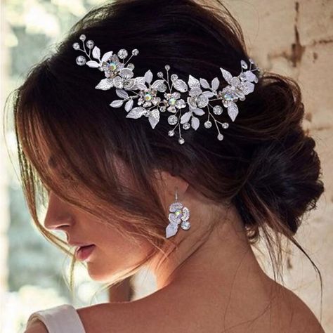 Super Cute And Stylish Ships In 5-10 Business Days Cute Wedding Hair Styles, Bridal Updo With Veil, Elegant Bridal Hair, Bride Hair Clips, Flower Headpiece Wedding, Random Products, Bridal Hairdo, Silver Hair Comb, Madison Wedding