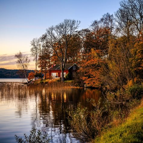 ***Autumn evening (Sweden) by Hans Johansson af.c. Sweden Aesthetic, Sweden House, Autumn Evening, Swedish House, Lake Living, Cabins And Cottages, Gods Creation, Autumn Beauty, Autumn Aesthetic