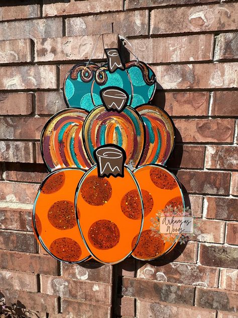 Pumpkin Door Hanger Wooden, Wreath Holder, Pumpkin Door Hanger, Pumpkin Door, Fall Door Hangers, Glitter Pumpkins, Stacked Pumpkins, Fall Door, Fall Halloween Crafts