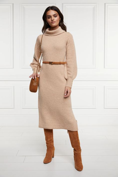 Roll Collar Dress, Camel Color Outfits, Roll Neck Dress, Race Day Outfits, Holland Cooper, Volume Sleeves, Day At The Races, Full Volume, Traditional Fashion