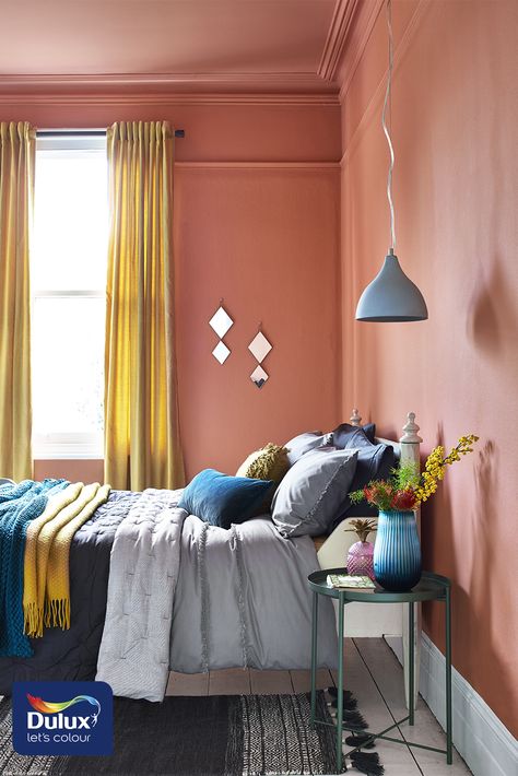 This adult bedroom idea is cosy and cocooning. A painted ceiling and walls in Copper Blush is the perfect way to make the bedroom feel warm stylish. Copper Blush, Boys Bedroom Paint, Cosy Bedroom, Luxury Bedroom Design, Boys Bedroom Decor, Bedroom Goals, Spare Bedroom, Painted Ceiling, Bedroom Loft