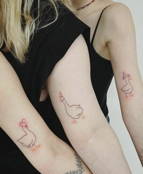 Matching Goose Tattoos, Matching Tattoo Trio, Best Friend Trio Tattoos, Cat Tattoo Thigh, Three Friends Tattoo, Three Sister Tattoos, Brother And Sister Tattoos, Siblings Tattoo For 3, Goose Tattoo