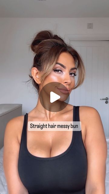 Natasha Sandhu on Instagram: "Easy straight hair “messy” bun 🤎   #hair #hairstyles #hairtutorial #messybun #bun #hairideas" Straight Hair Messy Bun, Messy Bun With Bangs, Bun With Bangs, Hair Messy Bun, Intricate Hairstyles, Dolphin Images, Hair Messy, Stunning Hairstyles, Bun Hair