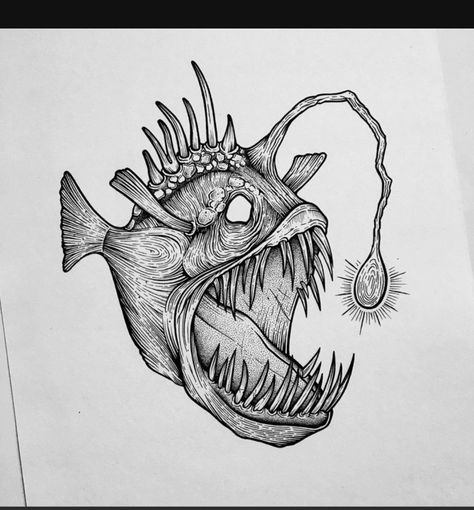 Anglerfish Tattoo, Angler Fish Drawing, Angler Fish Tattoo, Creature Marine, Sea Tattoo, Nautical Tattoo, Theme Tattoo, Creepy Tattoos, Dark Art Tattoo