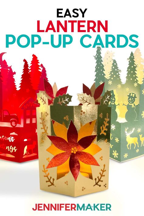 Make easy lantern pop-up cards with JenniferMaker's tutorial! Three beautiful pop-up lantern cards with different holiday and seasonal-inspired colors and designs. Cricut Christmas Cards, Pop Up Christmas Cards, Jennifer Maker, Trending Crafts, Christmas Paper Crafts, Cricut Cards, 3d Paper Crafts, Cricut Craft Room, Diy Christmas Cards