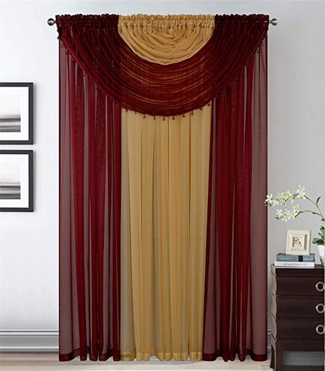 4 Panels With 2 Attached Valances All-In-One Burgundy Gold Sheer Rod Pocket Curtain Panel 84 Inches Long With Crystal Beads - Window Curtains for Bedroom, Living Room or Dinning Room Gold Curtains Living Room, Burgundy Curtains, Burgundy Living Room, Gold Bedroom Decor, Window Sheers, Gold Living Room, Gold Curtains, Country Curtains, Beautiful Curtains