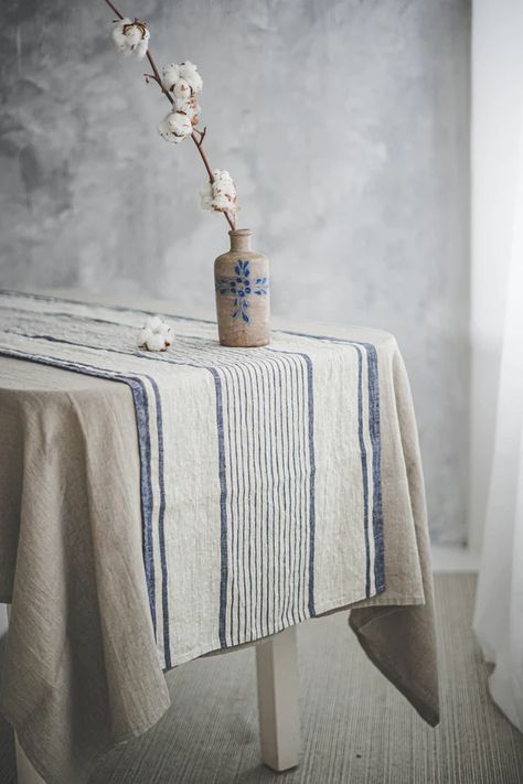 Farmhouse Table Runners, Country Table, Printed Table Runner, Style Français, French Table, Striped Table, Embroidered Tablecloth, French Linen, Linen Table Runner