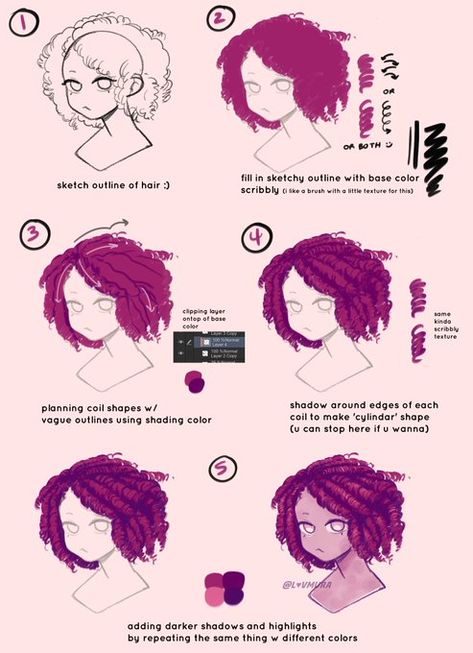 Hair Tutorial Art Digital, 4c Hair Drawing Tutorial, How To Color Curly Hair Digital, Beginner Art References, Black Hair Reference, Digital Art Hair Tutorial, Art Tutorials Digital, Digital Art Coloring Tips, Digital Art Hair