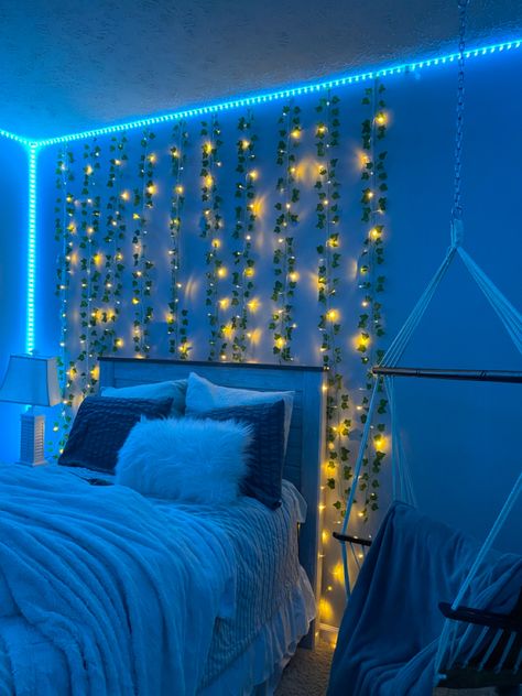 bedroom, vines in bedroom, fairy lights, led lights Veins With Fairy Lights, Teenage Bedroom Led Lights, Blue Wall Bedroom Decor Ideas, Teal Room Aesthetic Bedroom, Bright Blue Room Ideas, Teal Bedroom Aesthetic, Light Blue Aesthetic Bedroom Ideas, Teal Room Aesthetic, Bedroom Inspirations Teenage Aesthetic