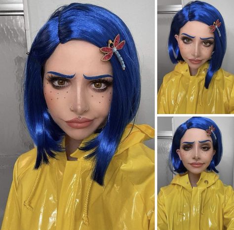 Caroline Halloween Costume, Blue Hair Costume Ideas, Caroline Costume, Caroline Makeup, Disney Bonding, Disfraces Ideas, Coraline Makeup, Coraline Costume, Creative Halloween Makeup