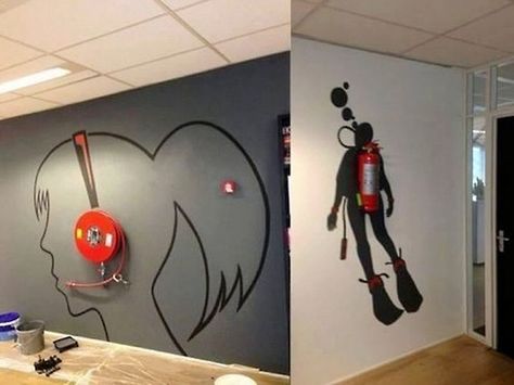 Now this is a clever way to hide a fire extinguisher in plain sight! School Mood, Creative Wall Painting, Creative Walls, Cool Office, Creative Wall, Cool Ideas, Office Art, Fire Extinguisher, Wall Graphics