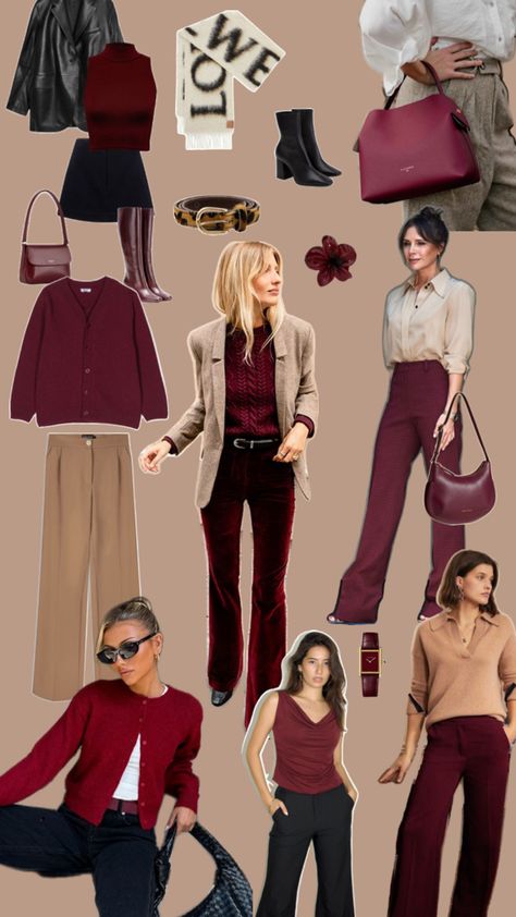 Burgundy dark red outfit inspiration autumn trend pantalon knitwear blazer School Office Outfits, Burgundy Trousers Outfit, Red Outfit Inspiration, Dark Red Outfit, Burgundy Pants Outfit, Red Blazer Outfit, Winter Pants Outfit, Burgundy Outfit, Color Combos Outfit