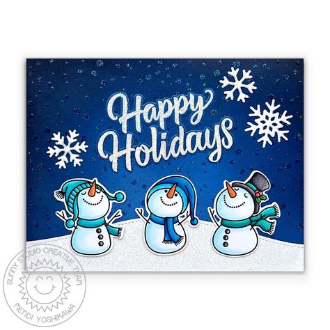 Sunny Studio Snowman Kisses Holiday Card by Mendi Yoshikawa - Scrapbook.com Sunny Studio Snowman Kisses, Fall Friends, Penguin Party, Christmas Snowmen, Sunnies Studios, Snowman Cards, Holiday Stamping, Snowflake Shape, Circle Frame