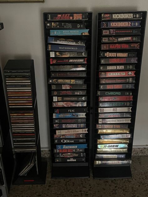 Vhs Collection, Store Aesthetic, Physical Media, Desk Inspo, Video Store, Music System, Room Desk, Gold Aesthetic, Vhs Tapes