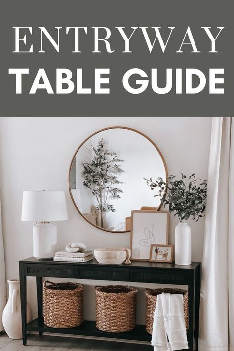 These are seriosuly the best console tables / entryway table decor inspirations! You'll be obssesed! SEE THEM ALL HERE: https://byannabellerose.com/5-ridiculously-pretty-entryway-table-decor-inspirations-that-youll-love/ Entryway Table Decor 3 Shelves, Entryway Table Decor Contemporary, Entryway Table Hobby Lobby, Decorations For Console Table, Entry Table And Chair, Black Entryway Table Decor With Mirror, Console Table With Family Pictures, Console Table Halfmoon, Black Hall Table Decor