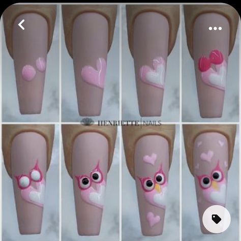 Owl Nail Designs, Beginner Nail Designs, Cartoon Nail Designs, Owl Nails, Quick Nail Art, Art Deco Nails, Valentine Nail Art, Nail Drawing, Nail Techniques