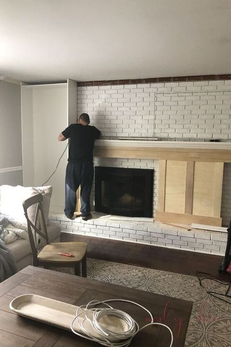 Off Center Fireplaces, Extra Wide Fireplace Mantle, Brick Fireplace With Brick Mantle, Built In Brick Fireplace, Brick Wall With Fireplace Makeover, Off Center Mantle, Old Fireplace Remodel, Fireplace Wall Remodel, Whole Brick Wall Fireplace Makeover