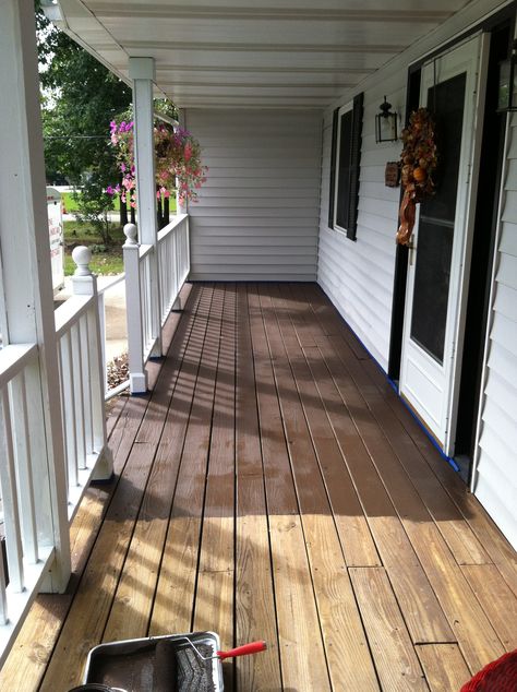 Behr Deck Over in Padre Brown. Behr Solid Deck Stain Colors, Brown Painted Deck, Brown Porch Paint, Deck Over Paint, Porch Stain, Stained Stairs, Porch And Patio Paint, Front Porch Seating, Deck Stain