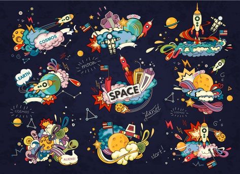 Cartoon illustration of space. moon, pla... | Premium Vector #Freepik #vector #technology #hand #cartoon #comic Rocketship Painting, Space Astronauts, Space Cartoon, Space Doodles, Space Icons, Feature Wallpaper, Colorful Space, Wall Graphics, Animated Cartoons