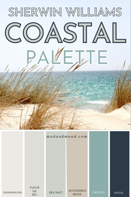 Sherwin Williams Sea Salt (Complete Review and Color Matches!) – Mod & Mood Ocean Theme Paint Colors, Coastal Decor Color Palette, Paint Colors For Beach House Interior, Coastal House Paint Colors, Coastal Farmhouse Paint Scheme, Paint For Outside Of House Ideas, Sea Apartment Interior Design, Beach Home Color Palette, Costal Colour Scheme