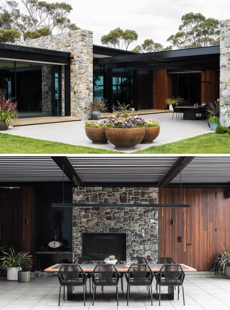 The Stone Walls Found Throughout This House Are Designed To Complement The Landscape Contemporary Stone House, Stone Wall Exterior House, Stone Houses Modern, Modern Stone House Exterior, Stone And Wood House, Stone And Wood Exterior, Indoor Stone Wall, Modern Stone House, Stone House Exterior