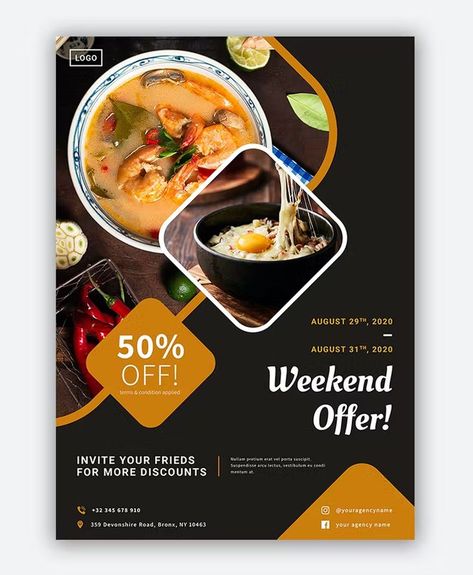 Restaurant Flyer Template AI, EPS, PSD Advertising Tract Idea, Restaurant Offers Posters, Restaurant Flyer Design Ideas, Food Flyer Design Ideas, Restaurant Promotion Ideas, Simple Flyer Design, Food Flyer Design, Free Flyer Design, Restaurant Brochures