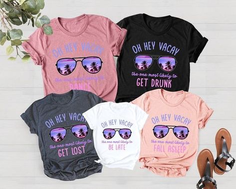 Vacation t-shirt design Vacation Tshirt Ideas, Cousin Tshirts, Vacation 2024, Vacation 2023, Travel Apparel, Girls Trips, Comfortable Shirts, Pink Shirts, Text Shirt