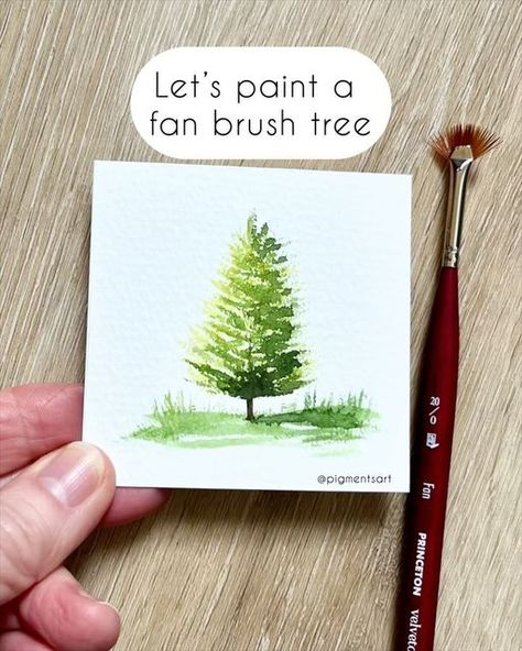 Pigments Art on Instagram: "Fan brush tree in 3 minutes 🌲💚

It’s important to work quickly so that the colours blend. Another tip - don’t load the fan brush with too much paint because if the hairs clump together, the individual brush strokes won’t be seen
.
Brushes: @princetonbrush
Paper: @st.cuthberts.mill Bockingford 300gsm
Paint: @winsorandnewton Cotman 
.
.
.
#easytutorial #easypaintings #easypainting #easywatercolor #treeillustration #treepainting #paintingprocess #artprocess #watercolorforbeginners #simplewatercolor #howtopaint #learnwatercolor #artistatwork #artistsatwork #artforbeginners #learnwatercolor #learntopaint #pigmentsart #paintwithme #watercolorreels #paintingprocess #watercolorvideo #fanbrush #learningtopaint #paintingtutorial #watercolortechniques #watercolortrees #w Landscaping Painting, Microwave Cakes, Watercolour Trees, Watercolor Christmas Cards Diy, Watercolor Videos, Watercolor Mini, Quick Art, Water Coloring, Painted Fan