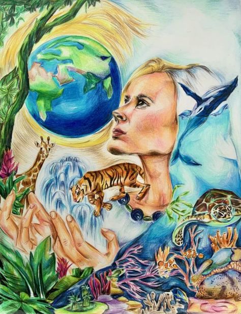 "One World" by Qiuen Yu, Princeton, NJ, USA, 2022 Junior Art Notable Submission Save Environment Painting Ideas, Save The Earth Painting, Green World Drawing, Save Ocean Poster, Save Environment Painting, Drawing Fantasy Art Sketches, Save Earth Painting, Save Environment Poster Drawing, Drawing Fantasy Art