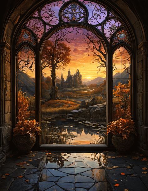 Through the window Fantasy Window Art, Paintings Of Windows, Fall Backrounds, Fantasy Window, Fantasy Places Art, Castle Window, Gothic Cottagecore, Glass Casting, Winter Moodboard