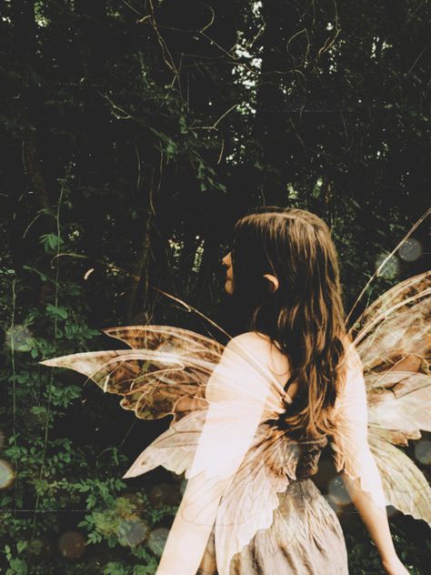 Girl with brown hair stands in front of greenery. She has tan fairy wings and a tan dress. Summer Fairy, Fairy Aesthetic, Woodland Fairy