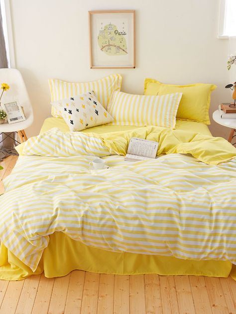 Striped Print Sheet Set -SheIn(Sheinside) Yellow Dorm Bedding, Yellow Bedsheets Bedroom, Yellow Bed Covers, Yellow Bed Sheets Aesthetic, Sunshine Yellow Bedding, Yellow Room Decor, Yellow Bedroom Decor, Yellow Bedding, Yellow Room