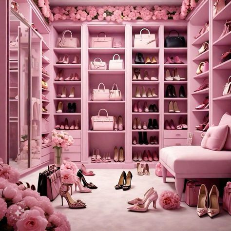 Pink Closet Aesthetic, Closet Makeup Room, Aesthetic Essentials, Barbie Closet, Pink Wardrobe, Pink Closet, Huge Closet, Dressing Room Closet, Dream Bedroom Inspiration