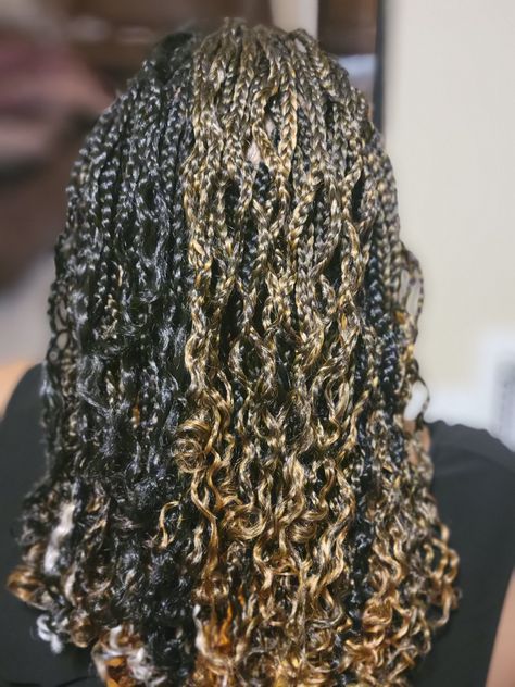 Hot water Curls, Multi-colored Braids Water Curls Braids, Box Braids Curly Ends, Water Curls, Box Braids Curly, Braids Curly Ends, Colored Braids, Braids With Curls, Black Girls Hairstyles, Braid Styles