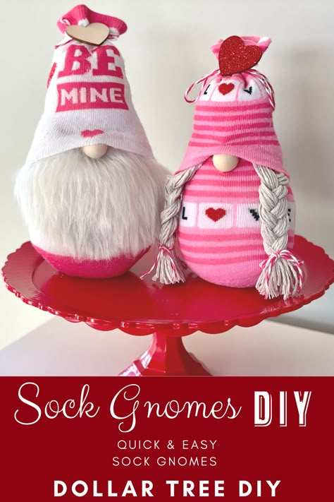 dollar tree, dollar tree diy, sock gnome, sock gnomes, diy, craft Sock Valentine Ideas, Diy Valentine Gnomes How To Make, Dollar Tree Sock Gnome, Sock Gnomes Diy Dollar Store, Gnome Socks Diy, How To Make Sock Gnomes, Valentine's Gnomes Diy, Sick Gnomes, Valentine’s Day Gnomes