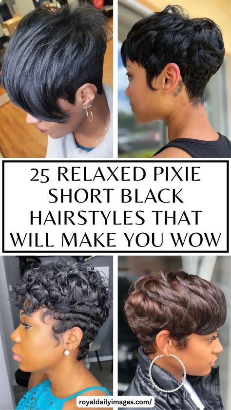 Relaxed Pixie Short Black Hairstyles Cute Hairstyles For Short Hair Black Women, Pixie Haircut On Black Women, Short Relaxed Hairstyles 2023, Black Short Relaxed Hairstyles, Haircut For Black Woman, Styling Short Black Hair, African American Pixie Haircut, Black Women Hair Cuts Short, Short Hair For Black Women Natural