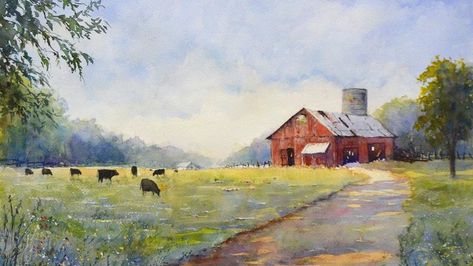 Farm scene Black Cows, Farm Scene Painting, Watercolor Barns, Watercolor Farm, Large Landscape Painting, Loose Watercolor Paintings, Barn Pictures, Farm Paintings, Landscape Tattoo