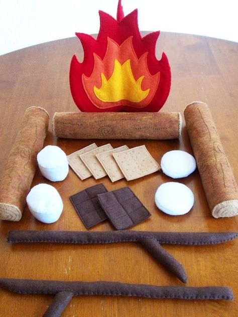 Felt Campfire Eco Friendly Children's Pretend Play Set - Camp Fire, 3 Logs, 2 S'mores, 2 Roasting Sticks, and 2 Roasting Marshmallows Play Campfire, Felt Fire, Felt Campfire, Camping Bonfire, Fire Kids, Camping Summer, Kids Camping, Felt Play Food, Camper Camping