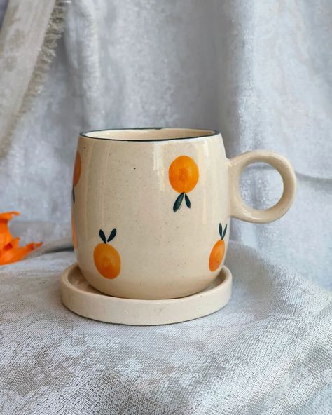 Introducing Tamarind Cup & Saucer🍊 . #cups #coffeetime #mugs #cute #pinterest #handmade #orange #art #decor #aesthetic Orange Pottery Painting, Easy Pottery Painting, Ceramics Painting, Orange Paint, Painted Mugs, Clay Mugs, Orange Fruit, Orange Art, Decor Aesthetic