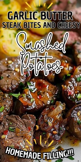 This recipe for Garlic Butter Steak Bites paired with Cheesy Smashed Potatoes is exactly what you need. It’s a dish that brings comfort and gourmet flavors right to your dinner table. The tender steak bites, cooked to perfection and smothered in rich garlic butter, combined Tender Steak Bites, Slow Cooker Ravioli Lasagna, Slow Cooker Ravioli, Garlic Butter Steak Bites, Butter Steak Bites, Steak Bites Recipe, Smashed Potatoes Recipe, Garlic Steak, Butter Steak