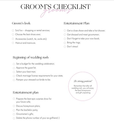 Groomsmen Checklist, Checklist For Wedding Day, Groom Checklist, Checklist Wedding Day, Checklist For Wedding, Wedding List Checklist, Month Budget, Wedding Preparation Checklist, Writing Vows