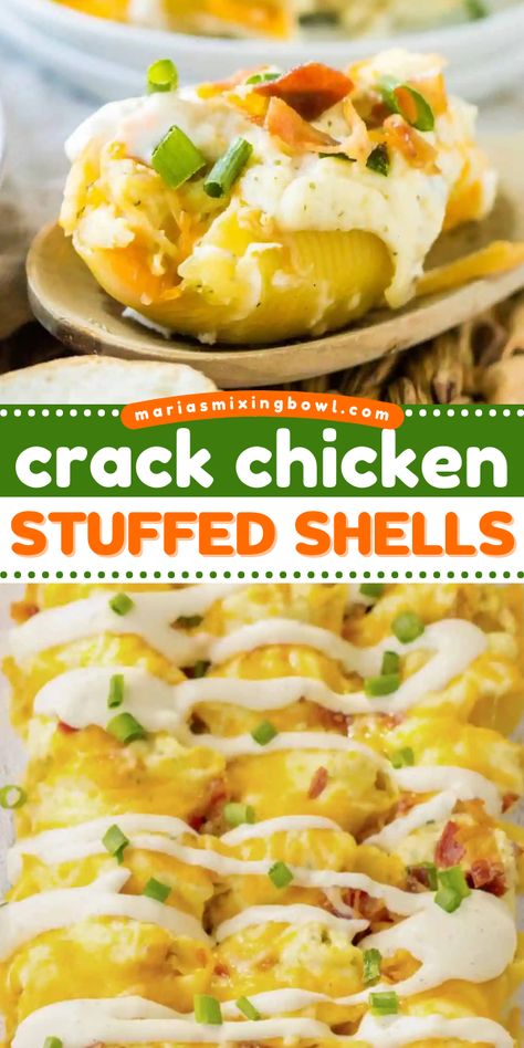 A hearty dinner recipe with jumbo pasta shells! It's such yummy comfort food. You can't go wrong with these Crack Chicken Stuffed Shells that are full of ranch, bacon, and creamy, cheesy goodness! Chicken And Cheese Stuffed Shells, Chicken Taco Stuffed Shells, Jumbo Shells Recipe Chicken, Chicken Bacon Ranch Stuffed Shells, Recipes With Jumbo Pasta Shells, Buffalo Chicken Stuffed Shells, Jumbo Shell Recipes, Easy Meals For Dinner, Chicken Stuffed Shells