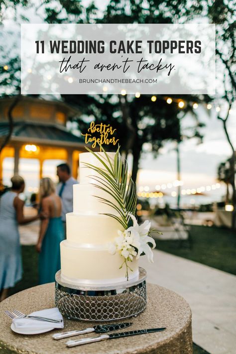 Wedding Cake Palm Leaves, Wedding Cake With Palm Leaves, Palm Wedding Cake, Palm Leaf Wedding Cake, Tropical Wedding Cake Ideas, Florida Keys Wedding Decor, Beach Wedding Cake Ideas, Wedding Cake Beach, Beach Wedding Cakes