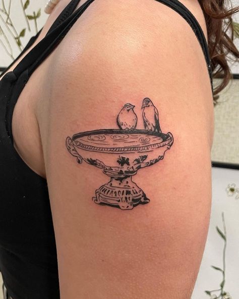 CJ on Instagram: “Bird bath design 🐦, done for Megan. Thanks again for coming in last week with this hand-drawn tattoo design! DM me for appointments and…” Bird Bath Tattoo, Birdcage Tattoo, Framed Tattoo, Funky Tattoos, Wicked Tattoos, Greek Tattoos, Stylist Tattoos, Tattoo Outline, Vintage Tattoo