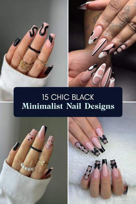 Explore 15 fashionable black minimalist nail designs for 2024. This pin showcases four distinctive nail art styles that are ideal for a salon or DIY project, emphasizing elegance and simplicity. Black Chic Nails, Simple Coffin Nails Design, Nail Black Tip, Business Nails Classy, Black Nails With Flowers, Black And Beige Nails, Fancy Black Nails, Simple Black Nail Designs, Black And White Nails Ideas