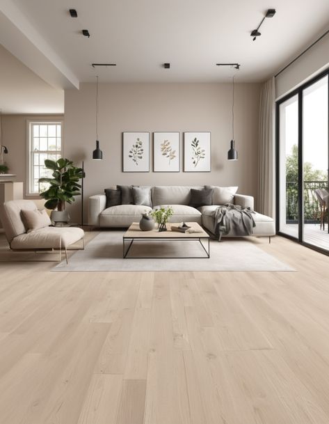 Lighter Flooring Ideas, Blonde Grey Flooring, Flooring Colour Ideas, Light Color Flooring Living Room, Light Vinyl Plank Flooring Living Room, Floor Inspiration Living Room, Grey Tile Floor Living Room, Light Wood Floors Bedroom, Concrete Flooring In House